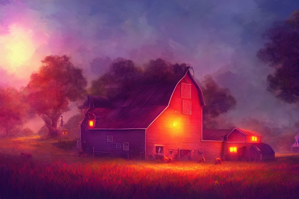 Twilight scene: Barn with warm lights, red flowers, purple sky