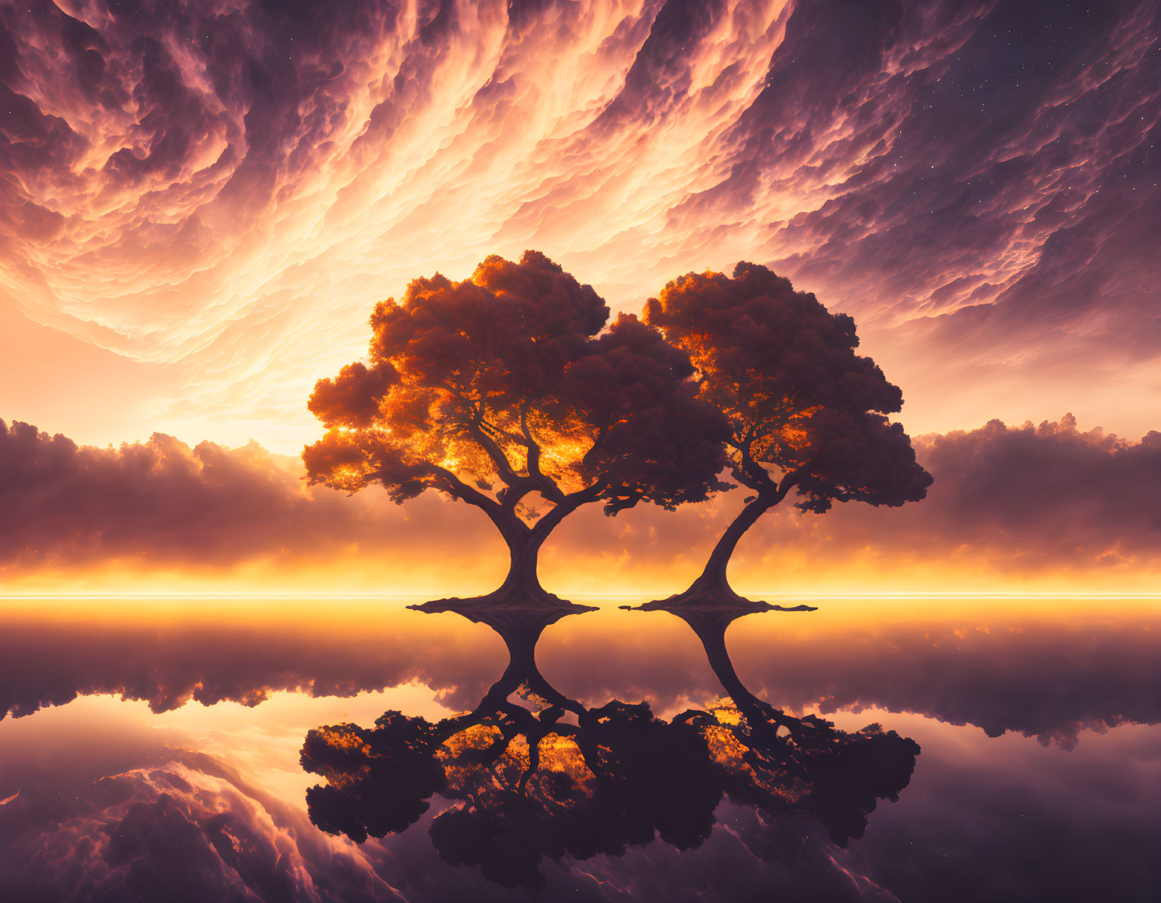 Lush canopies of two trees on reflective water surface under fiery sky