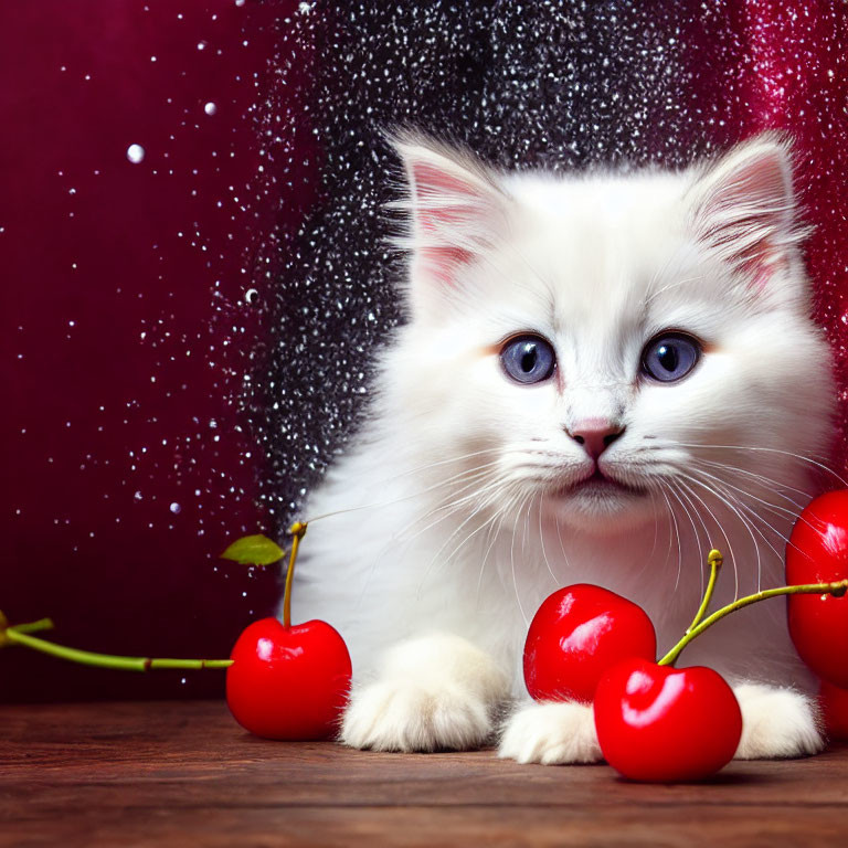 Fluffy white kitten with blue eyes near red cherries on purple background