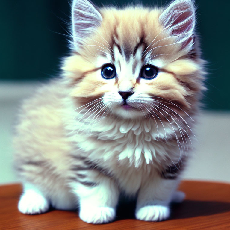 Adorable Fluffy Kitten with Blue Eyes on Wooden Surface