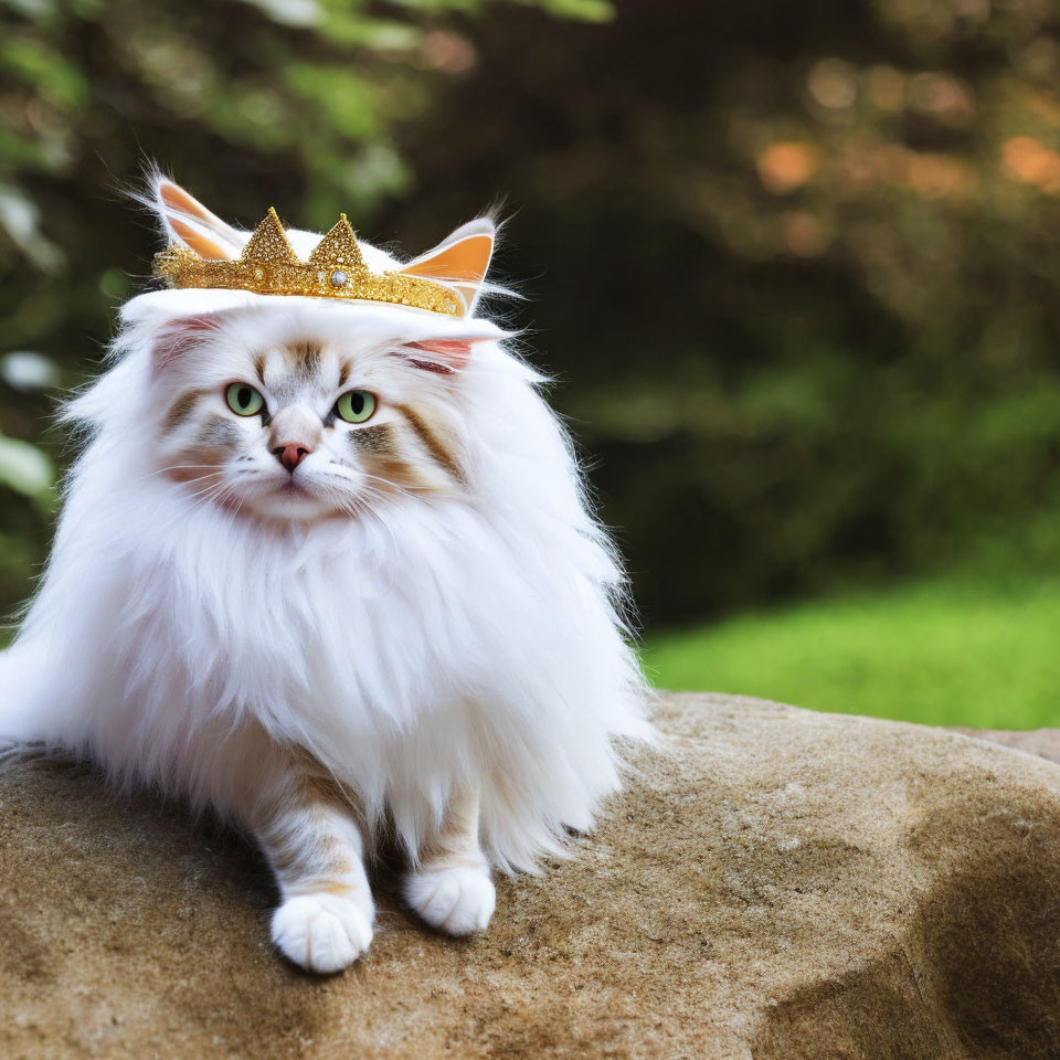 White Long-Haired Cat with Golden Crown on Rock with Green Foliage