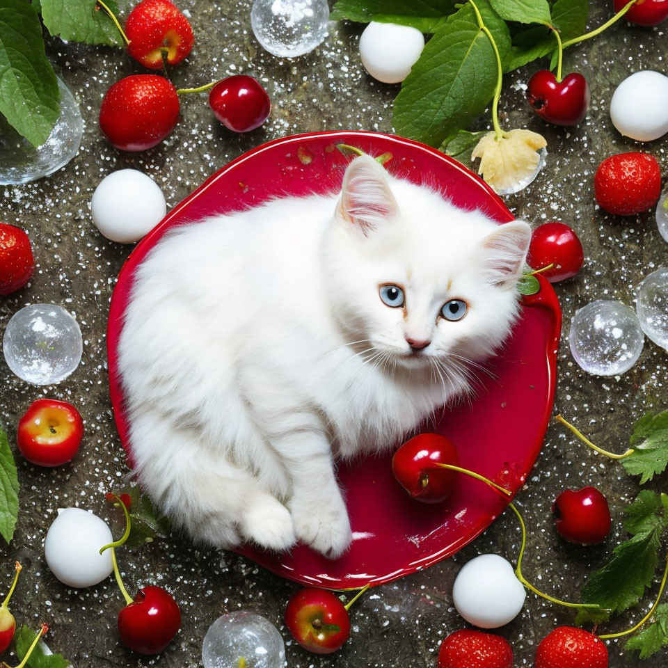 White Kitten with Blue Eyes on Red Plate with Cherries and Ice Cubes