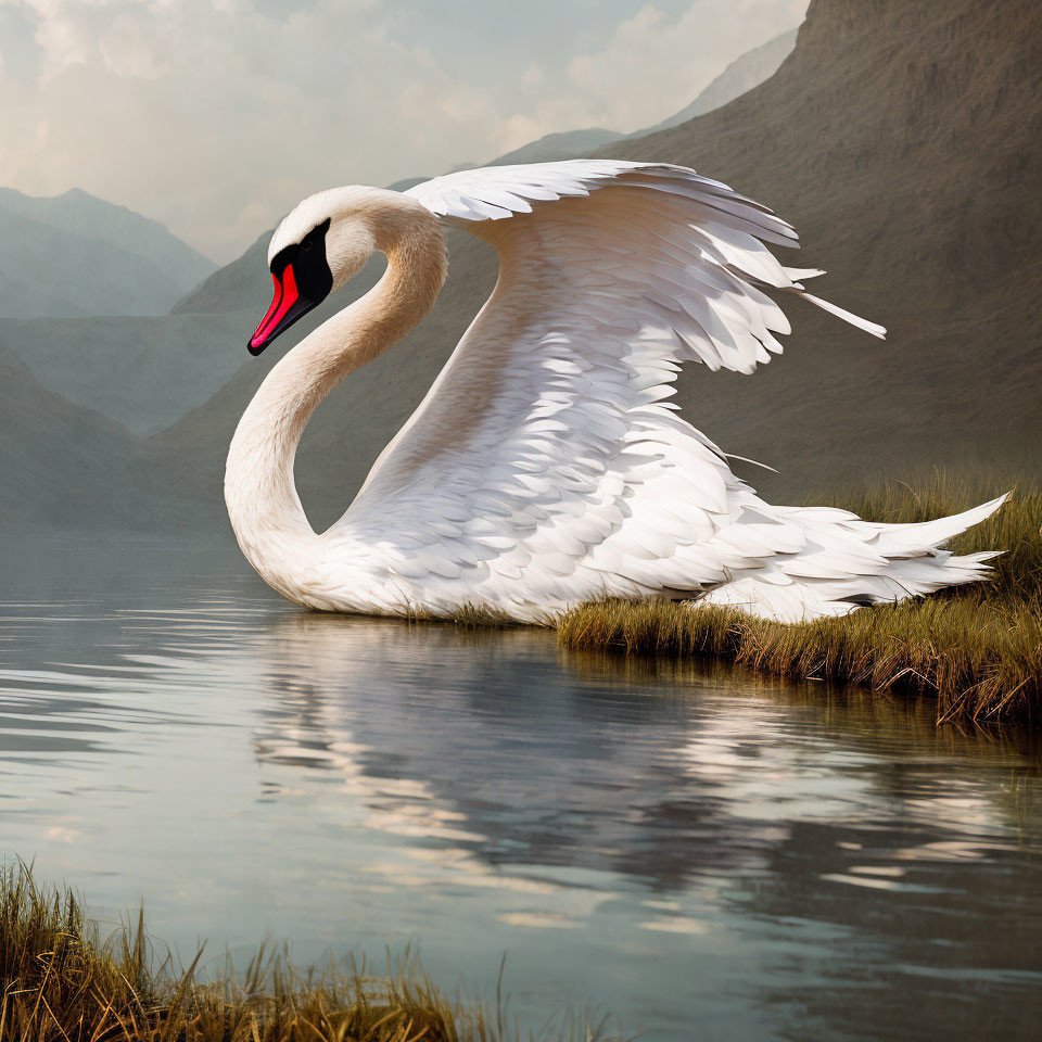 Majestic Swan with Outstretched Wings in Mountain Lake Setting