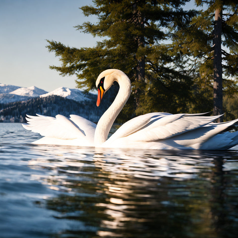 Graceful Swan Gliding on Serene Lake with Snowy Mountains and Pine Trees