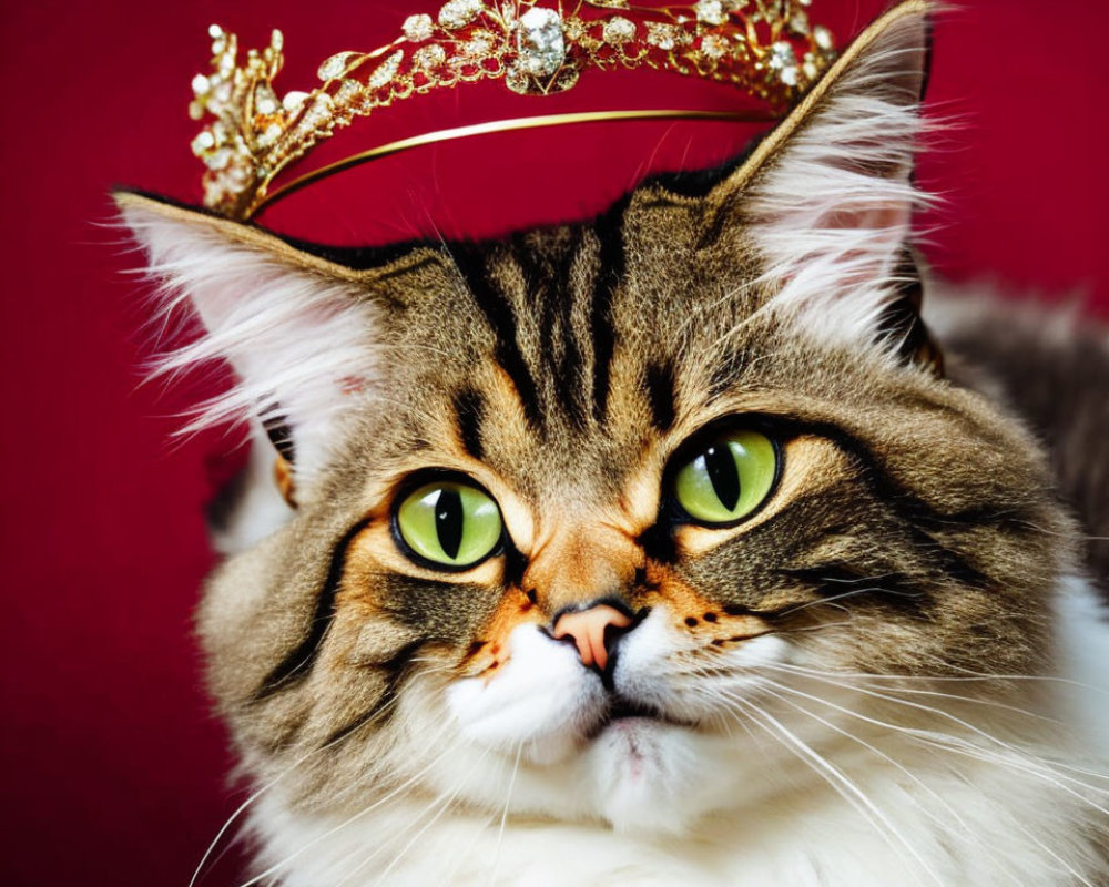 Majestic Cat with Green Eyes in Golden Crown on Red Background