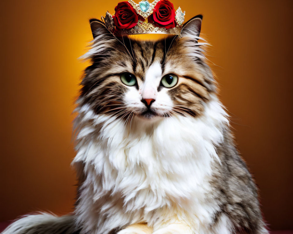 Regal fluffy cat with crown of red roses on warm orange background