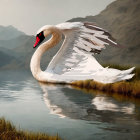 Majestic Swan with Outstretched Wings in Mountain Lake Setting