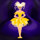 Blonde-haired animated character in yellow dress on purple background