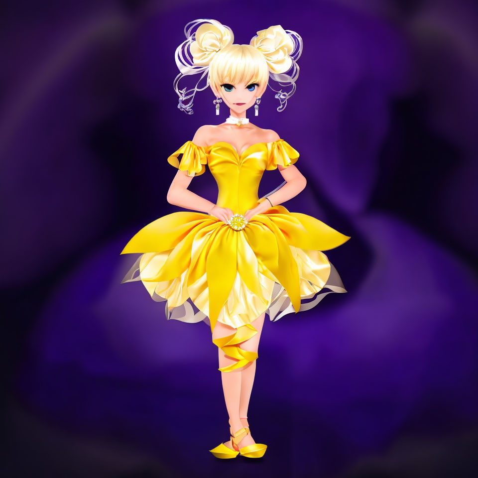 Blonde-haired animated character in yellow dress on purple background