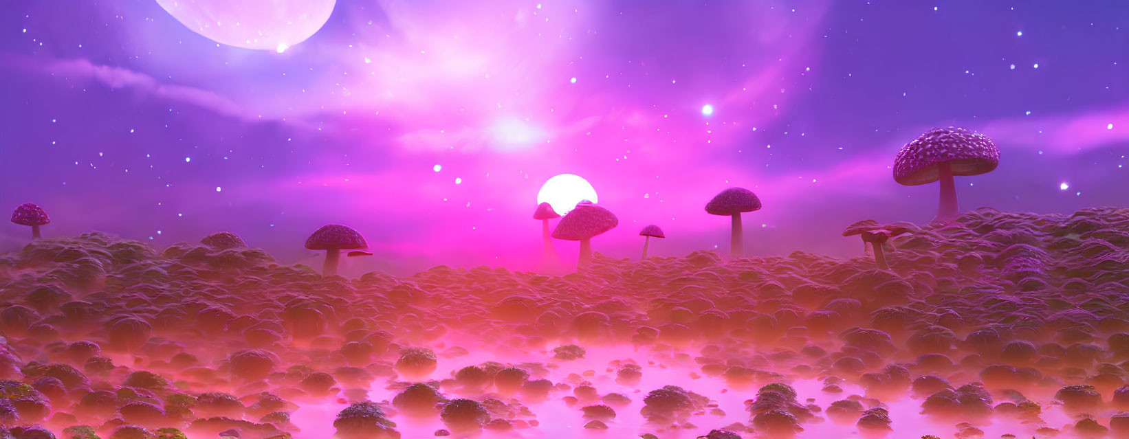 Fantastical Mushroom Field Under Glowing Skies