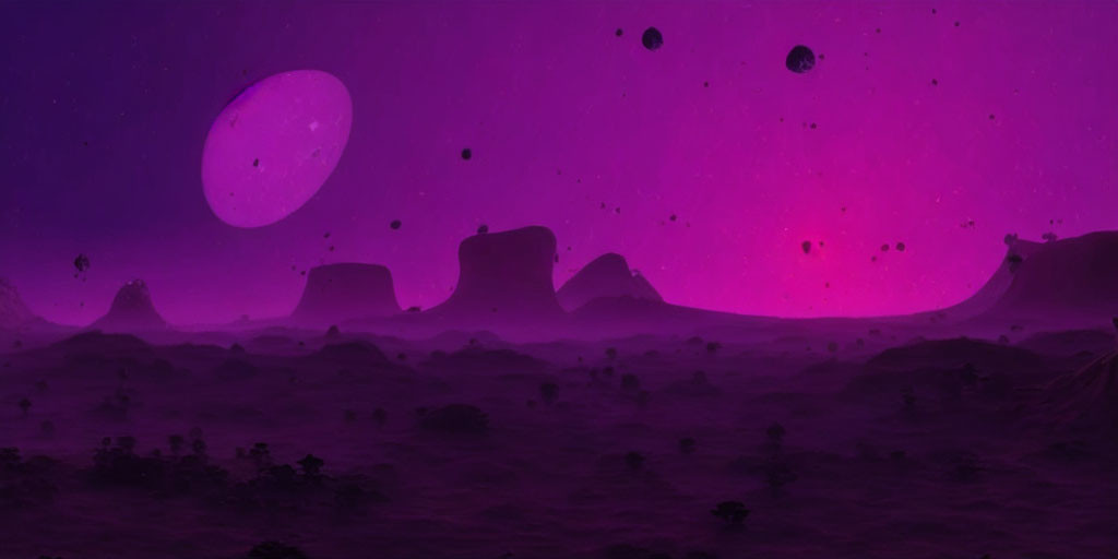 Surreal purple landscape with strange rock formations under starry sky