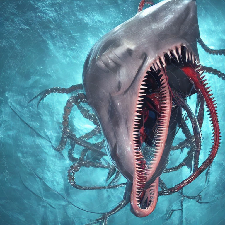 Monstrous shark-like creature with sharp teeth and tentacles in murky ocean