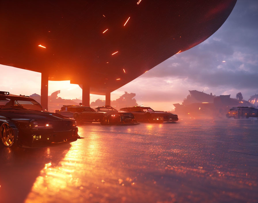 Modified cars parked under large structure at sunset with reflections and orange sky