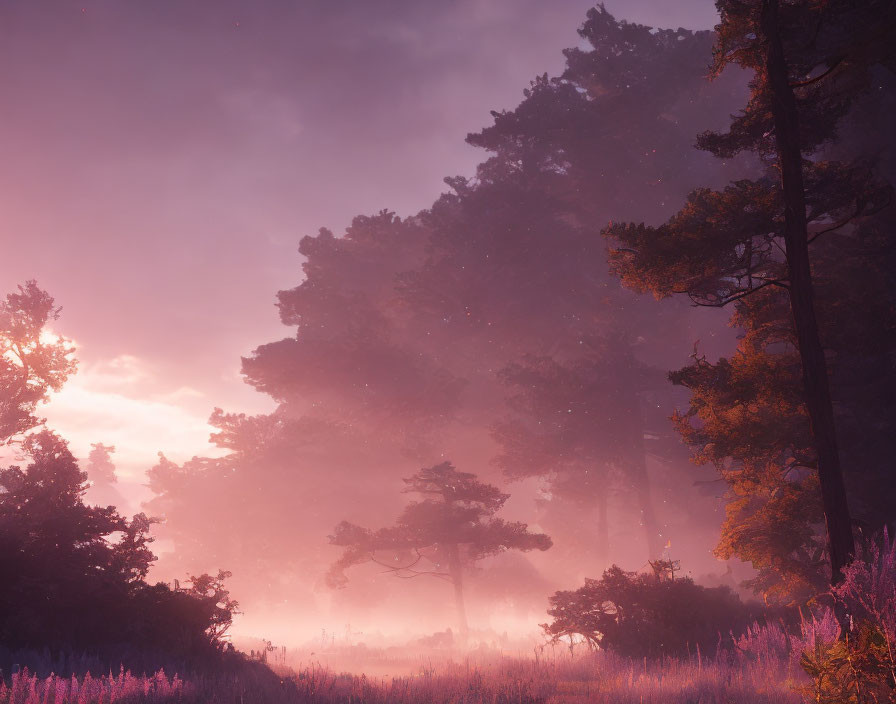 Twilight forest scene with mist and glowing light