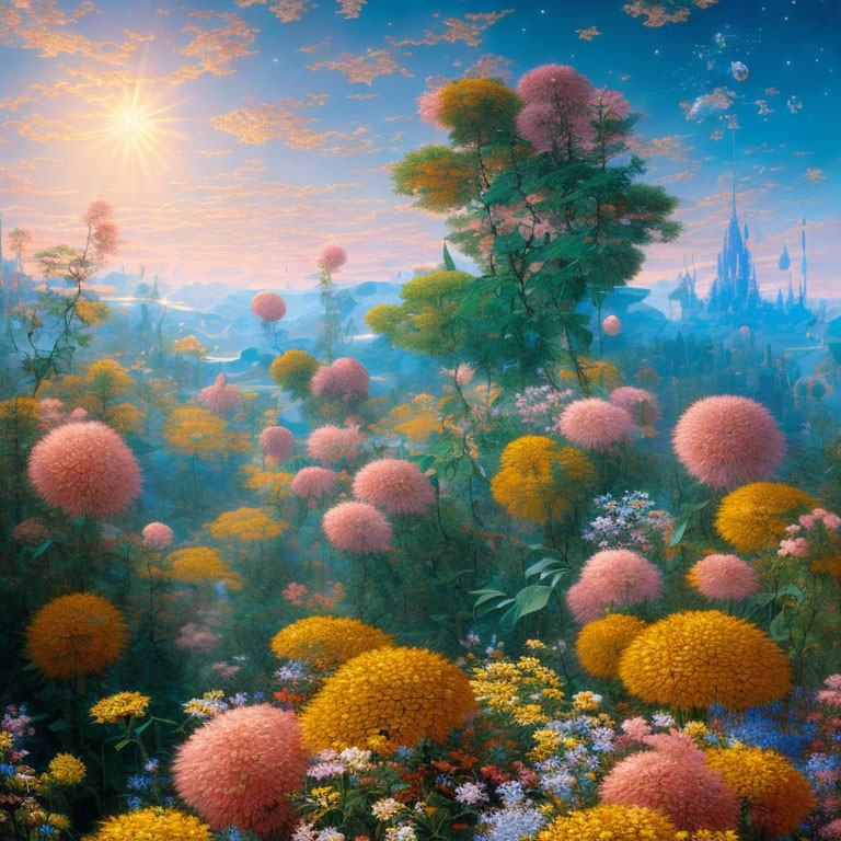 Fantasy landscape with oversized flowers, distant castle, and starry sky at sunrise