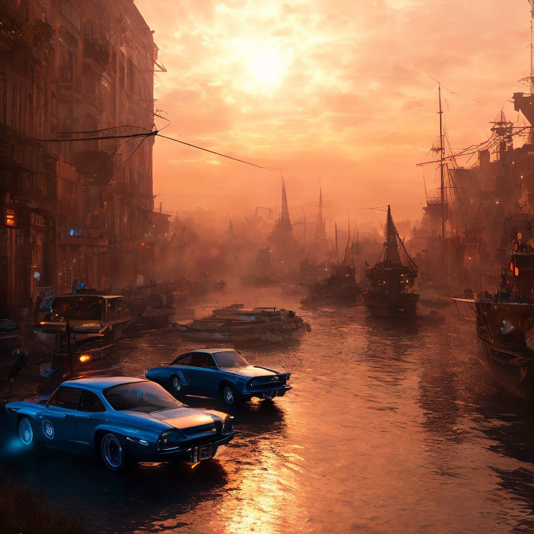 Retro-futuristic cityscape with classic cars and ships at sunset