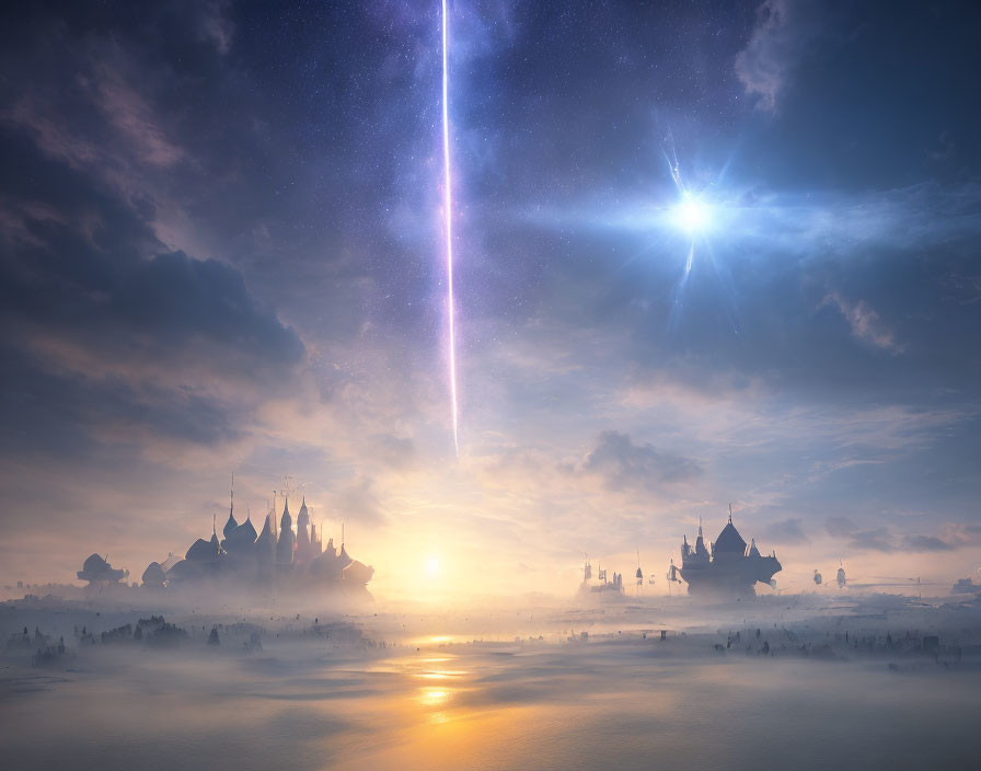 Fantastical landscape with floating castles and celestial bodies