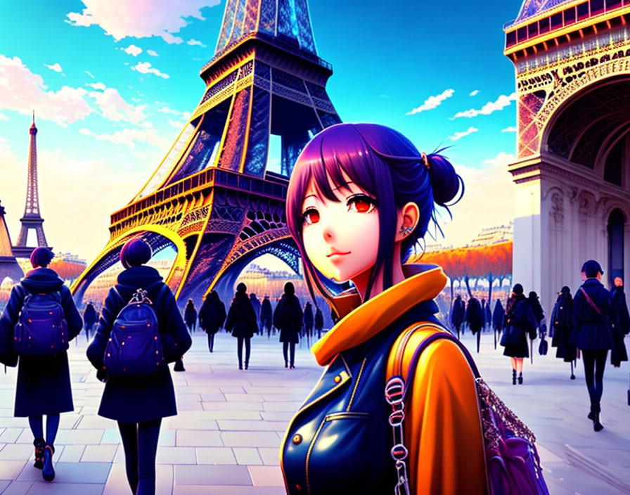 Stylized young woman with backpack at Eiffel Tower in vibrant illustration