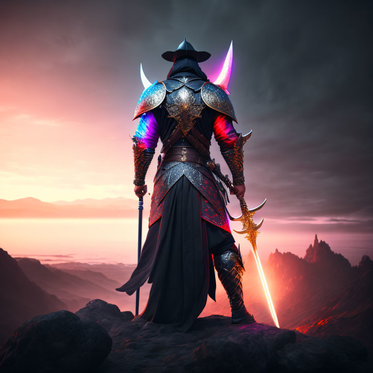 Warrior in ornate armor gazes at dramatic sunset with glowing sword