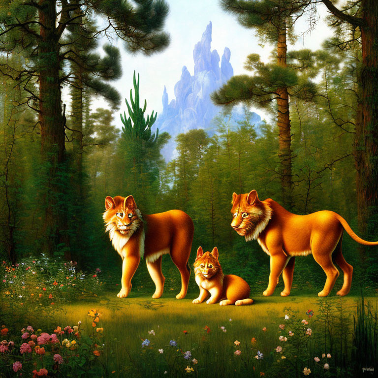 Stylized lion-like creatures in lush forest with mystical mountain