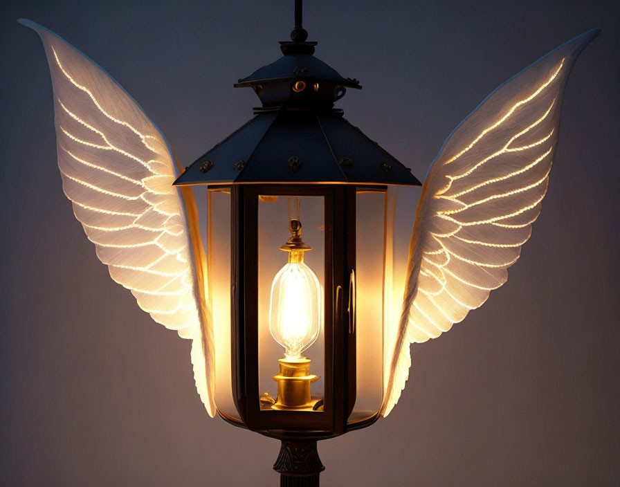 Vintage Bulb Lantern with Illuminated Angel Wings on Dim Background