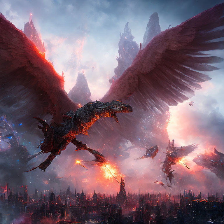 Dragons flying over fiery dystopian cityscape with towering spires