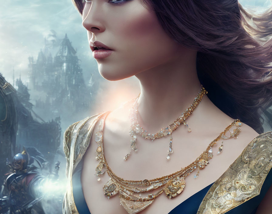 Digital artwork featuring woman with golden jewelry, makeup, and fantasy castle.