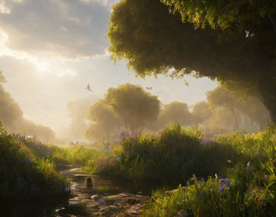 Tranquil sunrise landscape with trees, pathway, wildflowers, and bird in flight