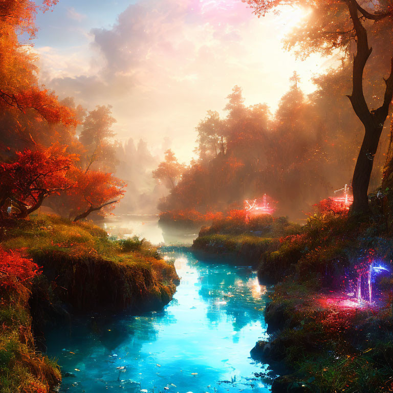 Vibrant Autumnal Landscape with River and Glowing Lights