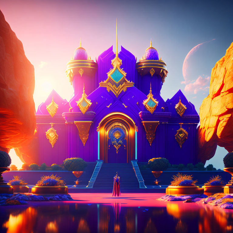 Vivid sunset palace with reflective water and rocky terrain