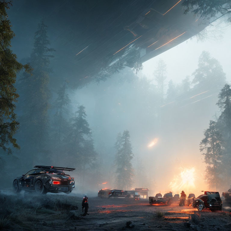 Futuristic sci-fi scene: Vehicles, people, fire, and hovering ship in foggy forest