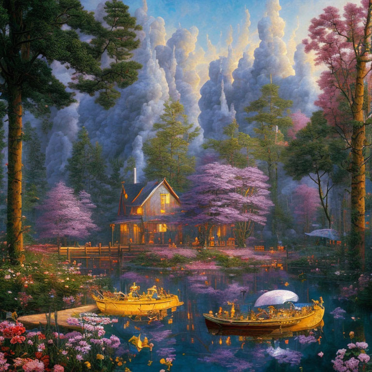 Tranquil scene of cozy cottage, pond, and lush vegetation