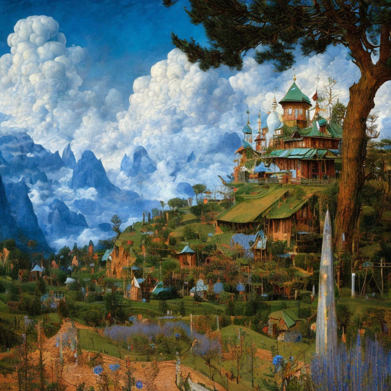 Lush Valley with Ornate Buildings and Mountains