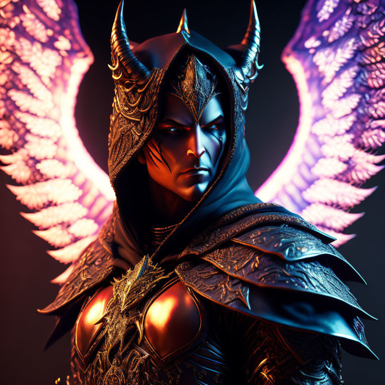 Fantasy character with glowing purple wings and horned helmet in armored suit