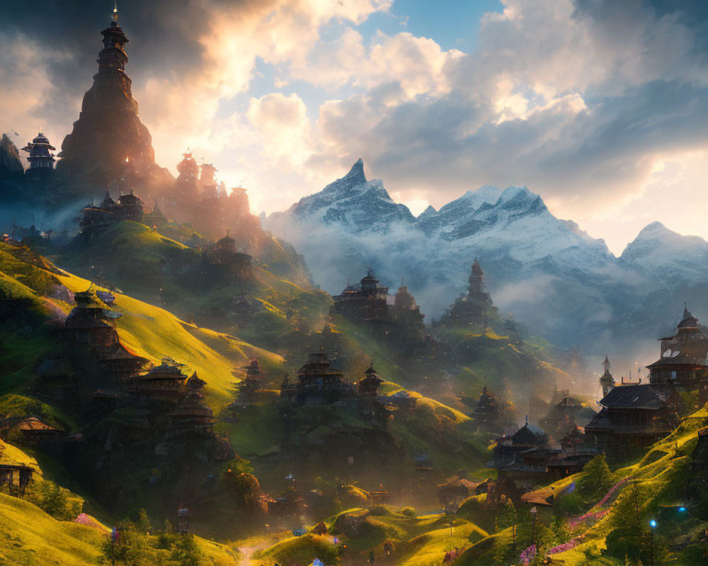 Majestic fantasy landscape with mountains, spire, terraced villages, greenery, and eth