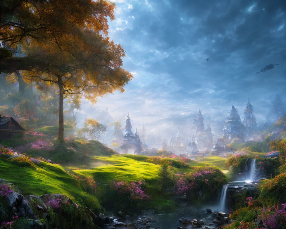 Fantasy landscape with greenery, waterfall, flowers, castles, cloudy sky