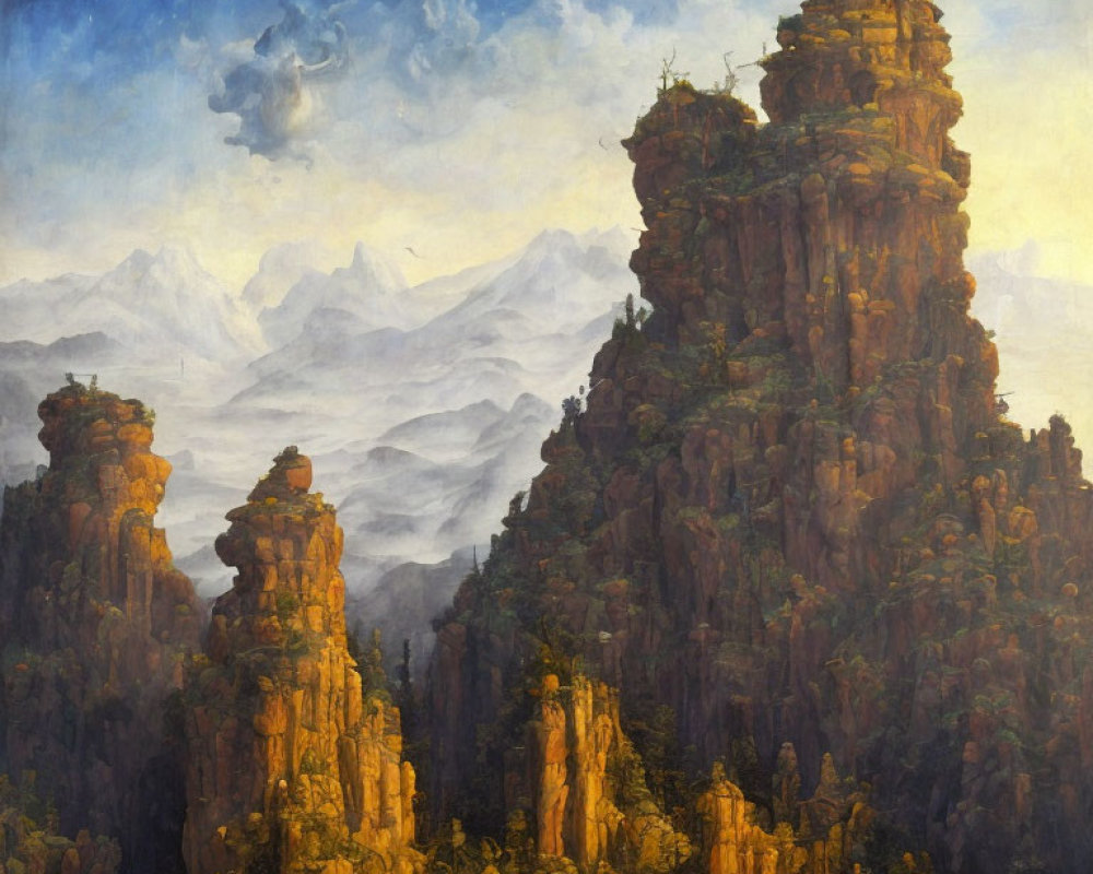 Majestic landscape oil painting of misty mountains and dramatic sky