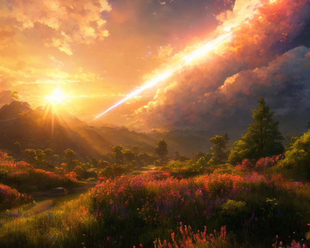 Colorful sunset landscape with comet over mountainous terrain