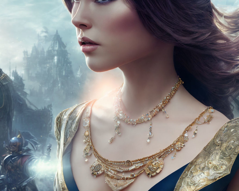 Digital artwork featuring woman with golden jewelry, makeup, and fantasy castle.