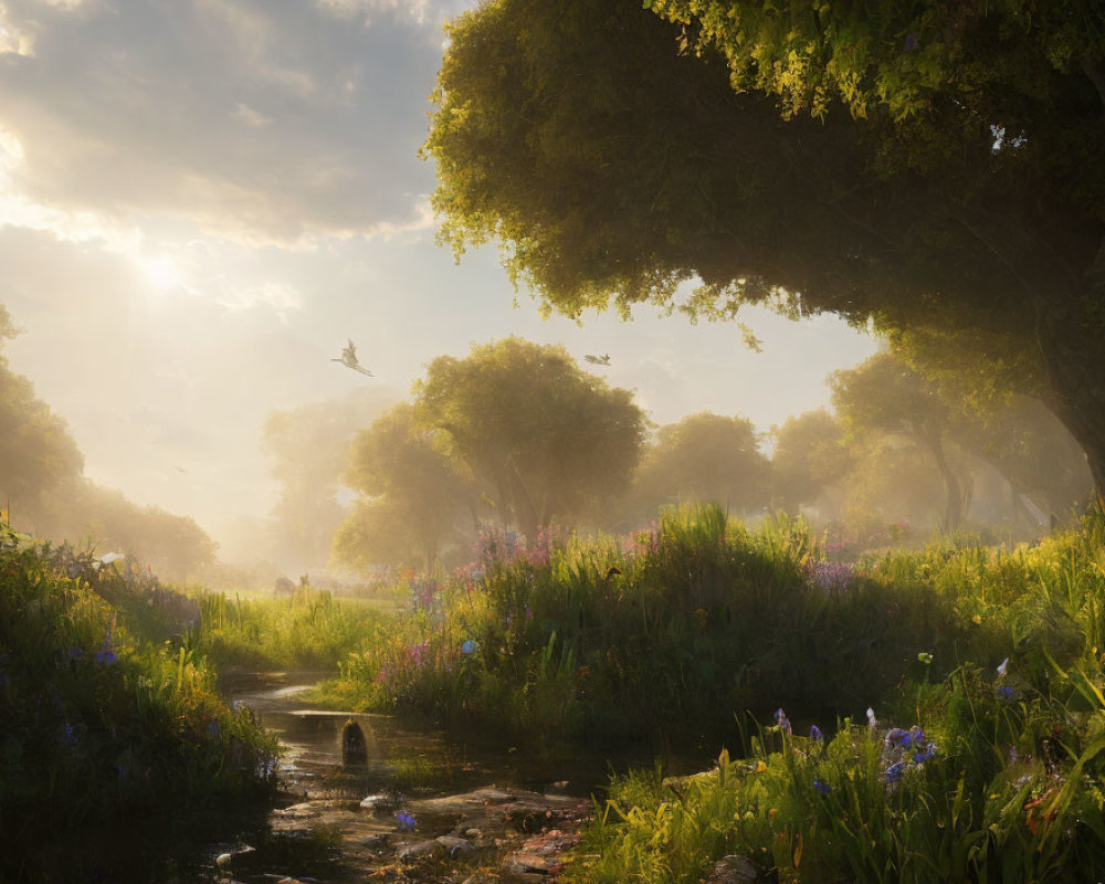 Tranquil sunrise landscape with trees, pathway, wildflowers, and bird in flight