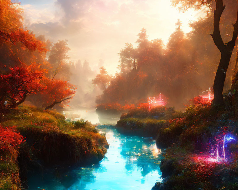 Vibrant Autumnal Landscape with River and Glowing Lights