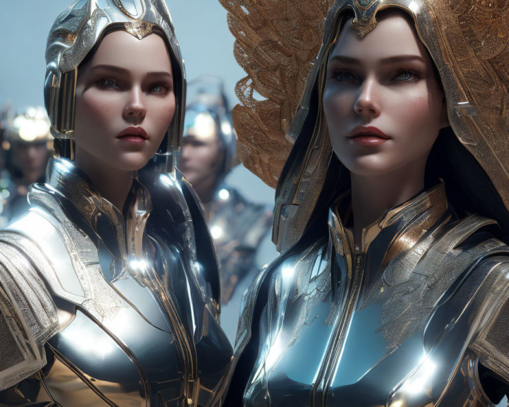 Two futuristic armored female figures with golden winged helmets, standing closely together.