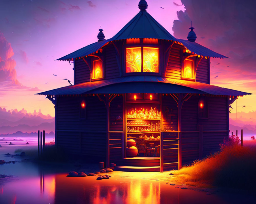 Digital Art: Glowing Wooden Cabin at Twilight with Purple Pink Sky