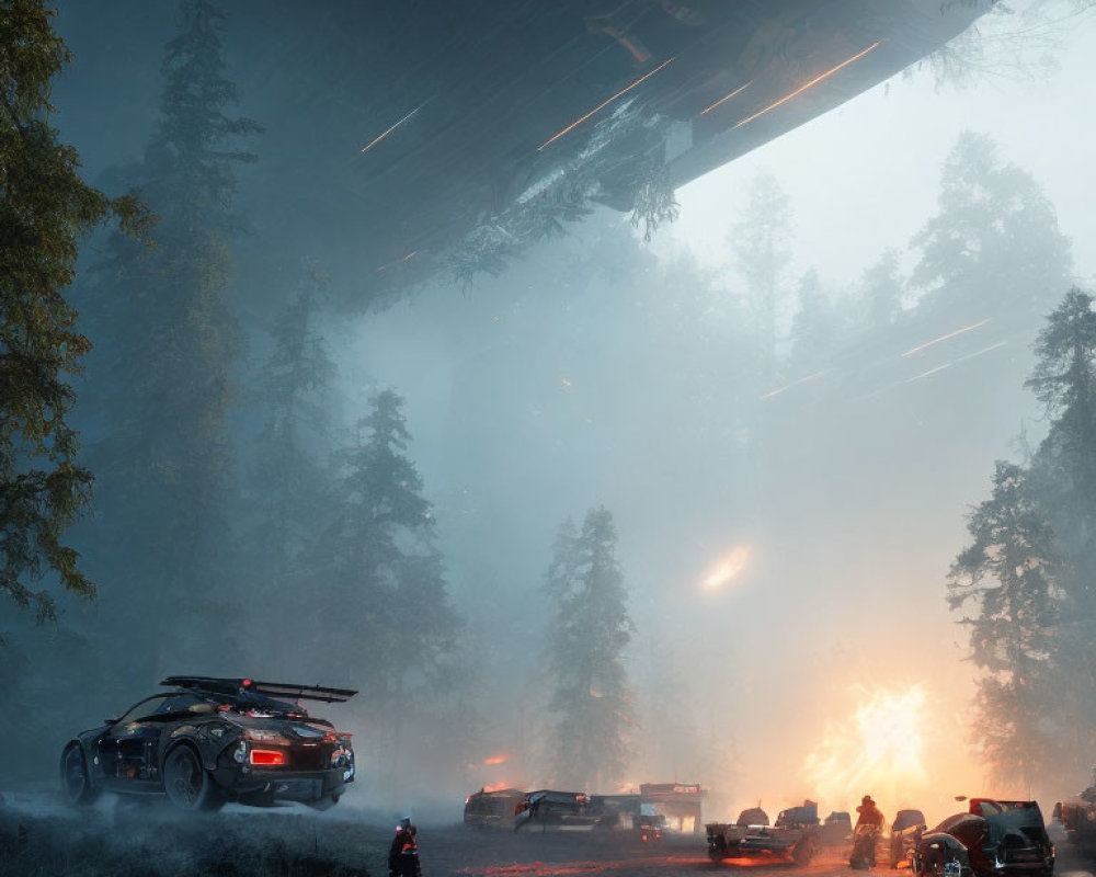 Futuristic sci-fi scene: Vehicles, people, fire, and hovering ship in foggy forest