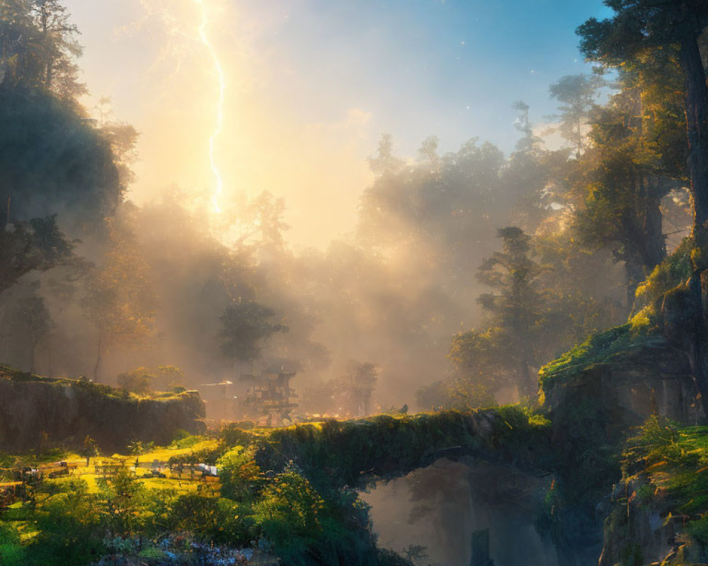 Mystical forest with sun rays, lightning strike, ancient trees, and pagoda