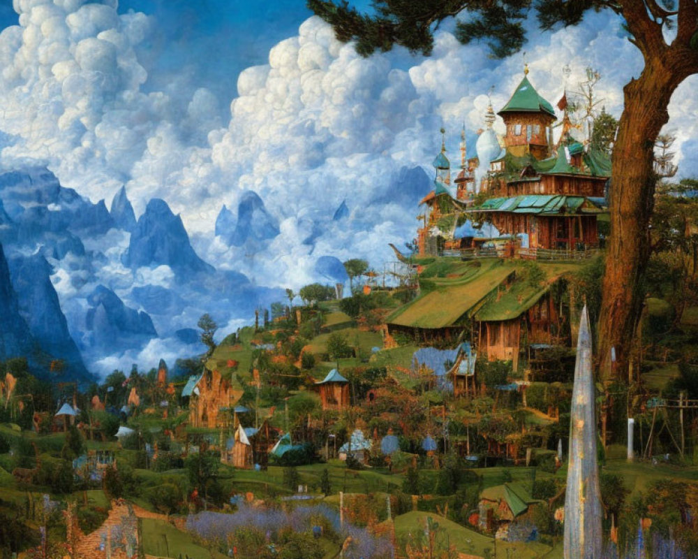 Lush Valley with Ornate Buildings and Mountains