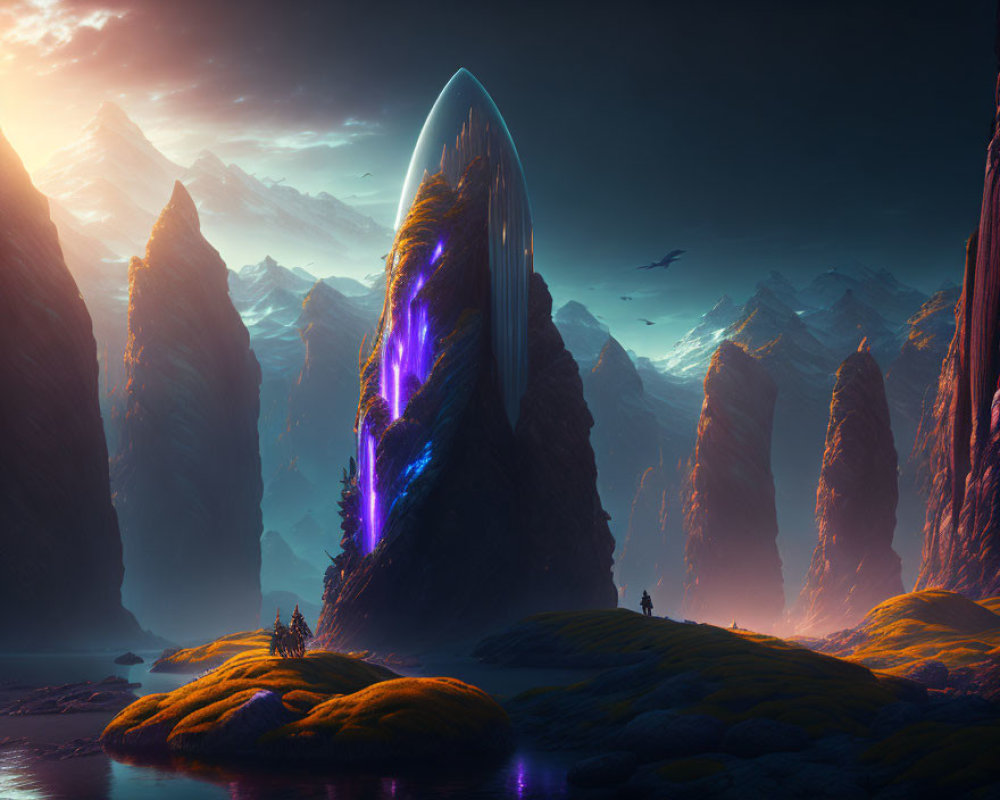 Futuristic purple-glowing monolith in moss-covered terrain under amber sky