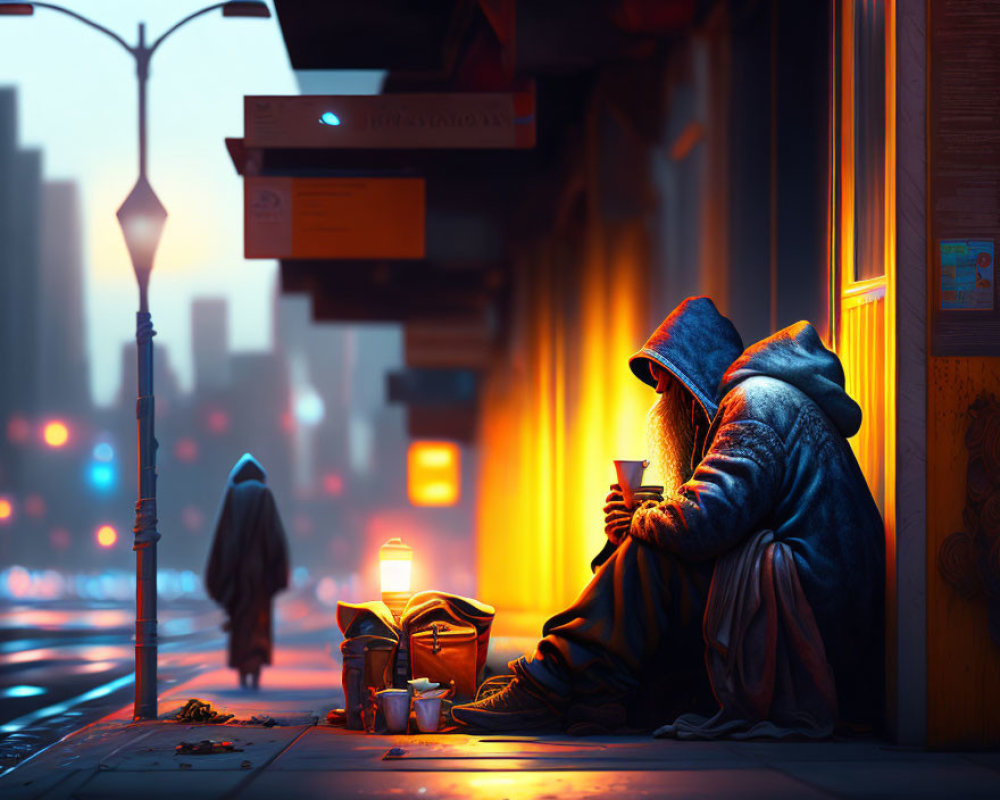 Hooded figure sitting by storefront at dusk with warm city lights in background