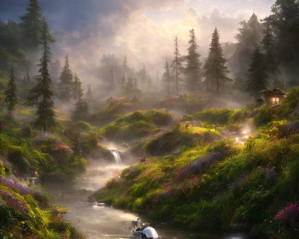 Tranquil landscape with stream, wildflowers, cabin, and misty light