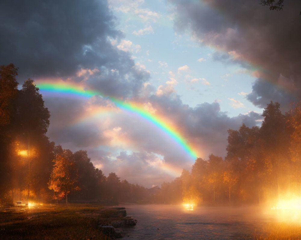 Serene park at dusk with vibrant rainbow and glowing street lamps